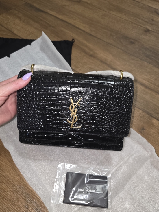Saint Laurent Handbags - Saint Laurent Black Croc-Embossed Leather Shoulder Bag